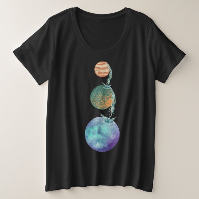 Camiseta Plus Size Planetas de criação com cascatas de água caindo (Frente do Design)