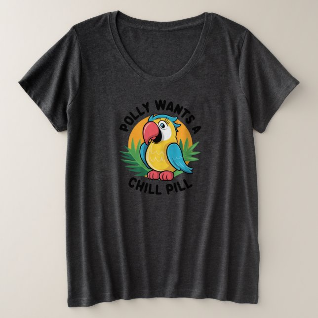Camiseta Plus Size Polly Quer Design de Papagaio (Frente do Design)