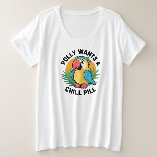 Camiseta Plus Size Polly Quer Design de Papagaio (Frente do Design)