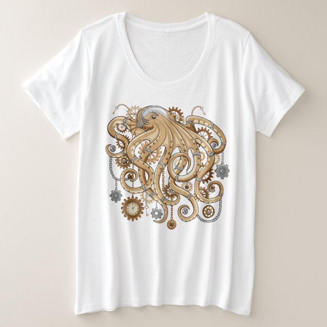 Camiseta Plus Size Polvo Steampunk Retro Fantasia Mecânica (Frente do Design)