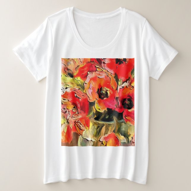 Camiseta Plus Size Poppies Numa Arte Negra Vidro Vaso (Frente do Design)