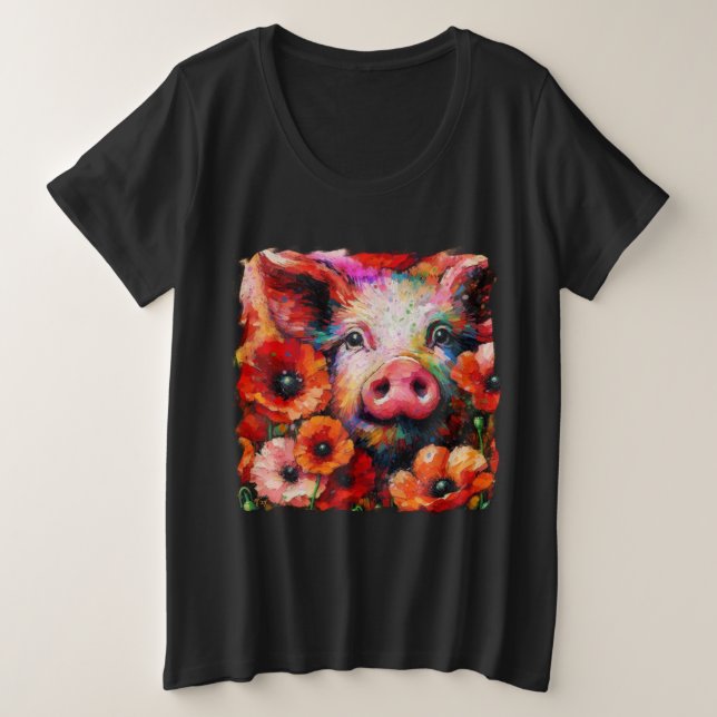Camiseta Plus Size Porco Impressionista em Flores Vermelhas (Frente do Design)
