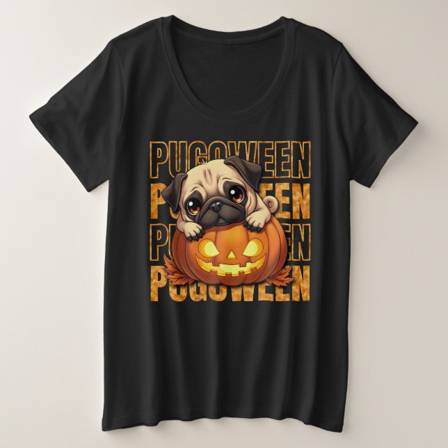 Camiseta Plus Size PUGOWEEN - O Dia das Bruxas dos Amantes de Pug (Frente do Design)