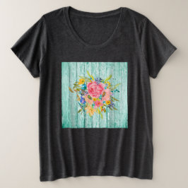 Camiseta Plus Size Pulverização Floral com Rosa de Aquarelas Aqua de 