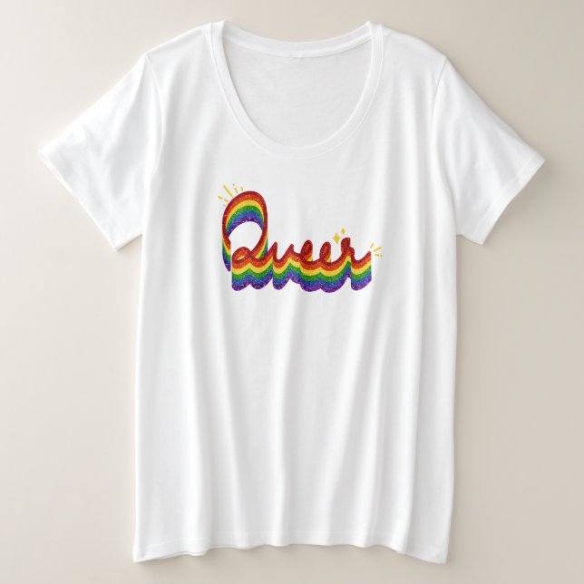 Camiseta Plus Size Queer Glitter Pride Rainbow (Frente do Design)