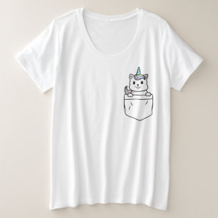 Camiseta Plus Size Rainbow Caticorn Pocket Plus Size Womens T-Shirt