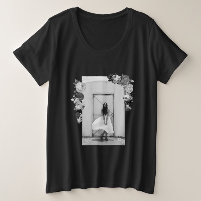 Camiseta Plus Size Rapariga de Arte de FASHION Branca e Negra Linda # (Frente do Design)
