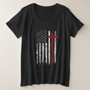 Camiseta Plus Size Religião Patriótica na Cruz de Bandeira Americana