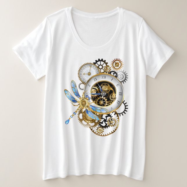 Camiseta Plus Size Relógio Steampunk com Dragonfly Mecânica (Frente do Design)