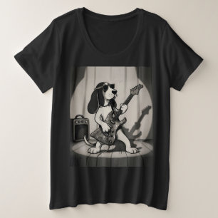 Camiseta Plus Size Retro Rockstar Basset Hound Guitarrista Monocromát