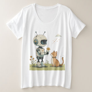Camiseta Plus Size Robô Fofo Dá Flor ao Gato Arte Infantil Saudável