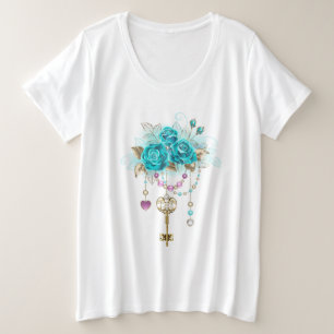Camiseta Plus Size Rosas Turquesas com Chaves