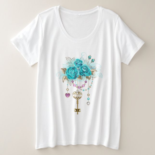 Camiseta Plus Size Rosas Turquesas com Chaves (Frente do Design)
