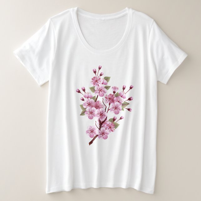 Camiseta Plus Size Sakura rosa no fundo da pintura (Frente do Design)