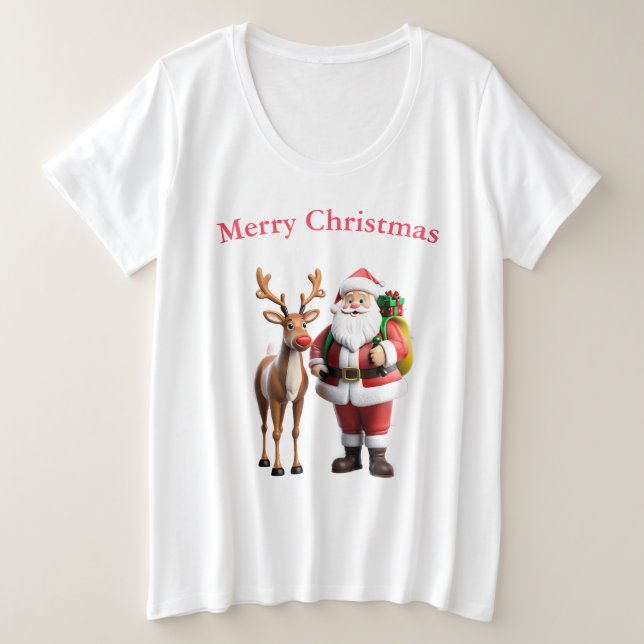 Camiseta Plus Size Santa Clause e sua rena (Frente do Design)