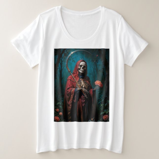 Camiseta Plus Size Santa Muerte de Robe Vermelha (Frente do Design)