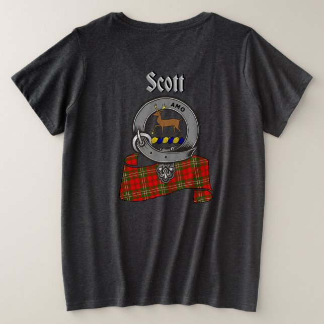Camiseta Plus Size Scott Clan Crachá de costas para mulheres (Verso do Design)