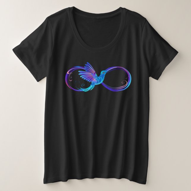 Camiseta Plus Size Símbolo Neon Infinity com Hummingbird brilhante (Frente do Design)