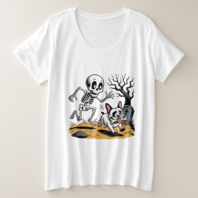 Camiseta Plus Size Skeleton vs French Bulldog – Funny Halloween Chase (Frente do Design)