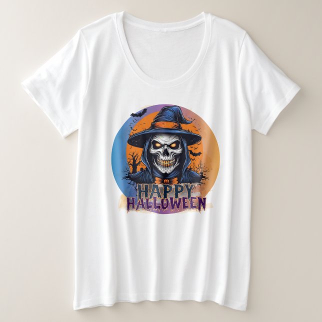 Camiseta Plus Size Spooky Skull Witch Halloween Art-88888 (Frente do Design)