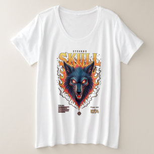 Camiseta Plus Size Steidon Skull - Tee Cabeça de Lobo Flamejante