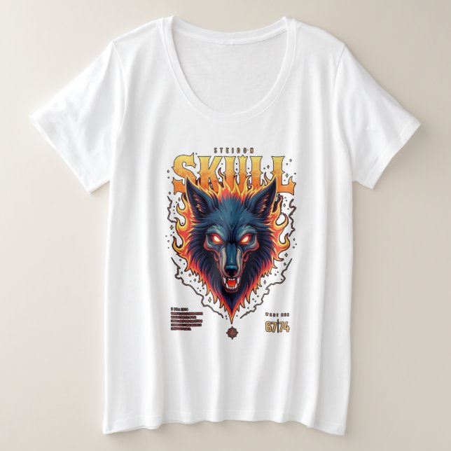 Camiseta Plus Size Steidon Skull - Tee Cabeça de Lobo Flamejante (Frente do Design)