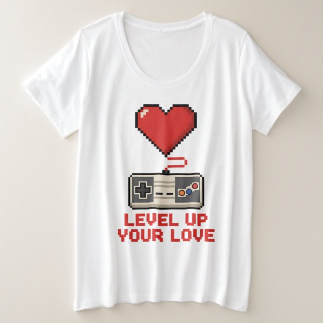 Camiseta Plus Size Suba de Nível Seu Amor, Design de Jogos Retro em P (Frente do Design)