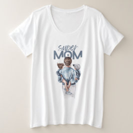 Camiseta Plus Size Super Mom Blue Watercolor Mother and Children Art