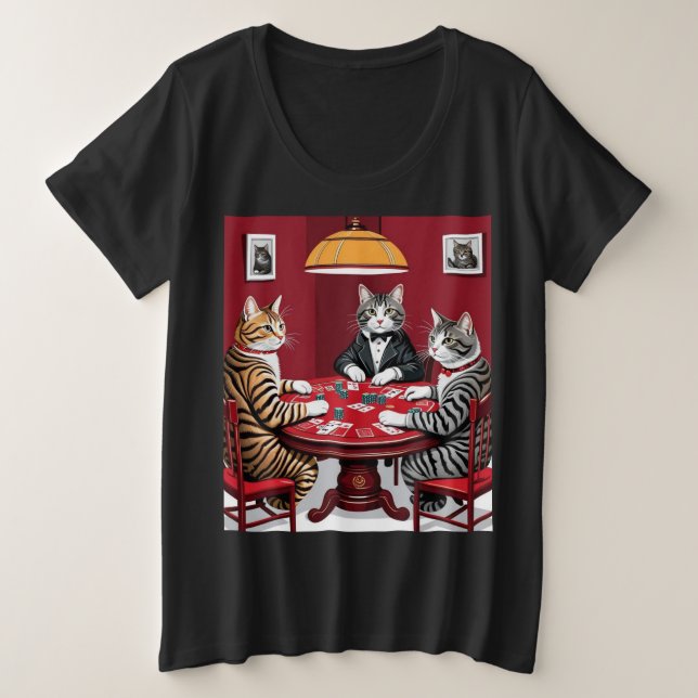 Camiseta Plus Size Tabby Cats Reproduzindo Poker (Frente do Design)