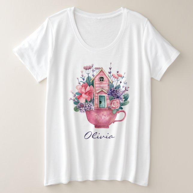 Camiseta Plus Size Teacup Rosa Fairytalhe House Mulheres Brancas (Frente do Design)