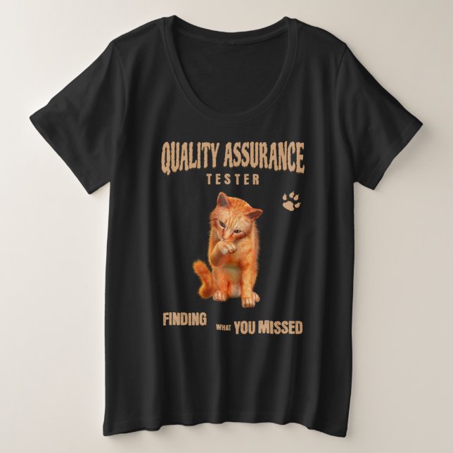Camiseta Plus Size Testador de QA Humor de Gato (Frente do Design)
