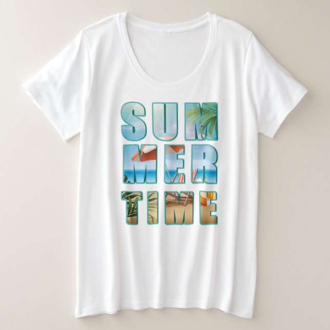 Camiseta Plus Size Texto de Verão com as letras grandes Beach-23430 (Frente do Design)