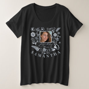 Camiseta Plus Size Tipografia de Foto de Aniversário Floral Moderna D