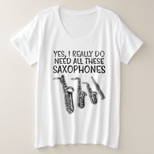 Camiseta Plus Size Tipos saxofone (Frente do Design)