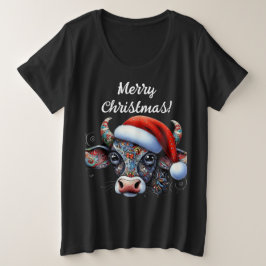 Camiseta Plus Size Touro de Vaca de Natal com Santa Hat Arte Foliar M