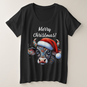 Camiseta Plus Size Touro de Vaca de Natal com Santa Hat Arte Foliar M