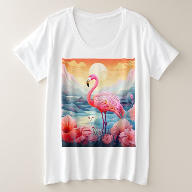 Camiseta Plus Size Tropical Flamingo com Flores (Frente do Design)