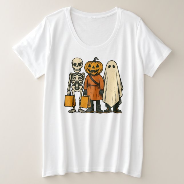 Camiseta Plus Size Truque de Halloween ou Tripulação de Tratamentos (Frente do Design)