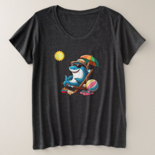Camiseta Plus Size Tubarão-cartoon gritante/praia