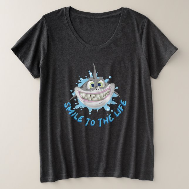 Camiseta Plus Size Tubarão sorridente no estilo cartoon - Sorria para (Frente do Design)