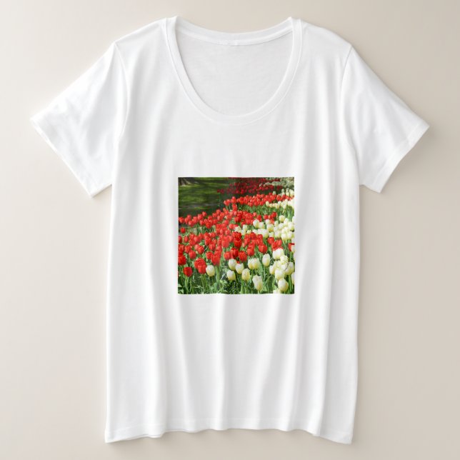 Camiseta Plus Size Tulipas vermelhas e brancas (Frente do Design)