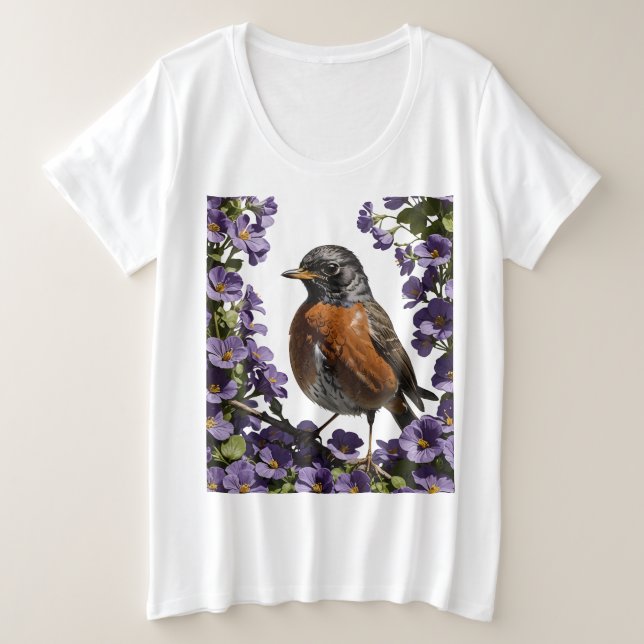 Camiseta Plus Size Turdus migratorius E Violeta De Wisconsin Viola  (Frente do Design)