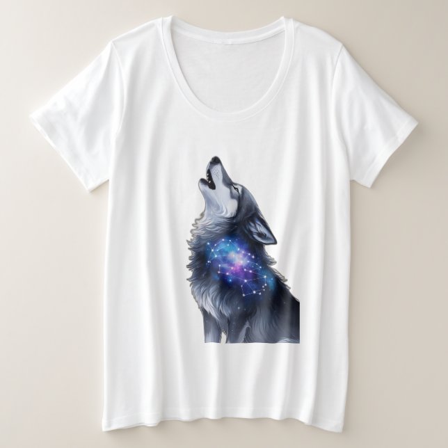 Camiseta Plus Size Um lobo uivando numa galáxia estrelada (Frente do Design)