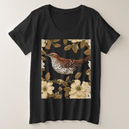 Camiseta Plus Size Um Pássaro Tordo Marrom Cercado por Flores de Rosa