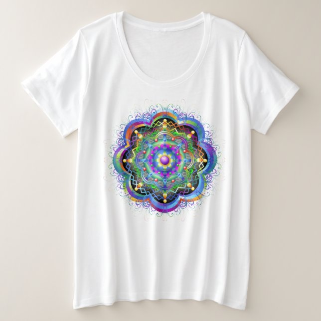 Camiseta Plus Size Universo Mandala Cores Psicodélicas (Frente do Design)