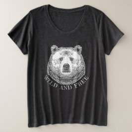 Camiseta Plus Size Urso, Selvagem E Gratuita, Ilustração Desenhada À