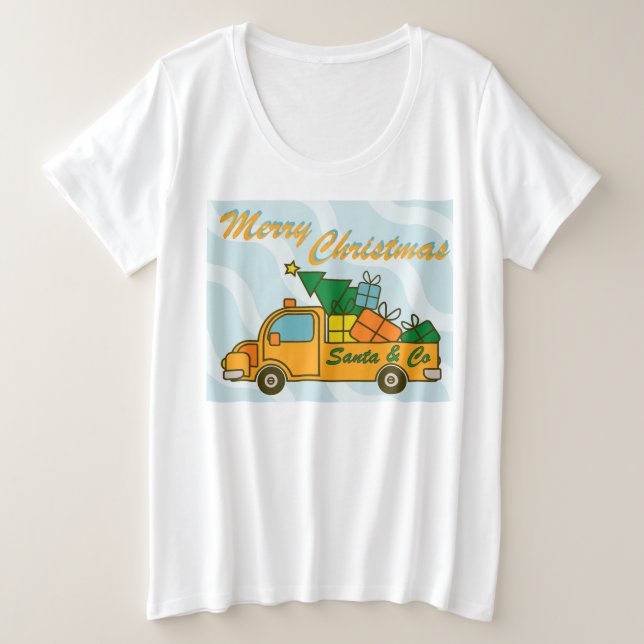 Camiseta Plus Size Vista lateral do caminhão de papais noeis Feliz Na (Frente do Design)