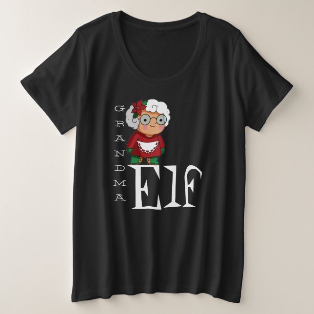 Camiseta Plus Size Vovó Elf Feriado Natal Texto Branco Preto (Frente do Design)