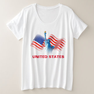 Camiseta Plus Size Watercolor Estados Unidos Bandeira com Lady Libert