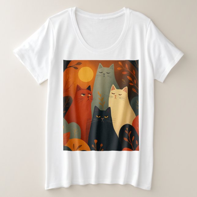 Camiseta Plus Size Whimsical Autumn Cats Mid Century Art (Frente do Design)